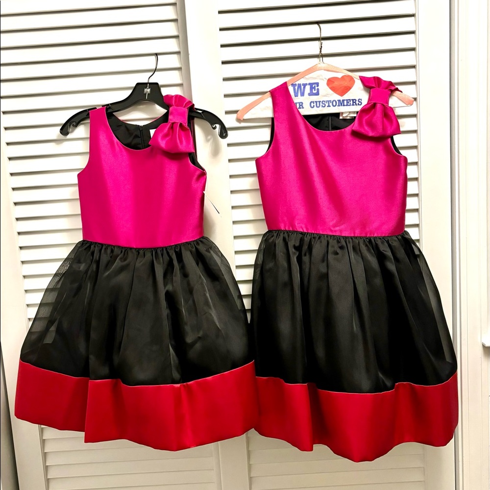 Girls STUNNING silk pink black bow fancy dress